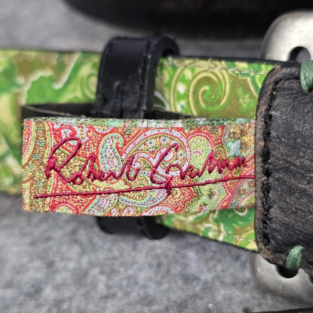 Robert Graham Belt Mens Black Leather Green Paisley Lining Silver Buckle 43